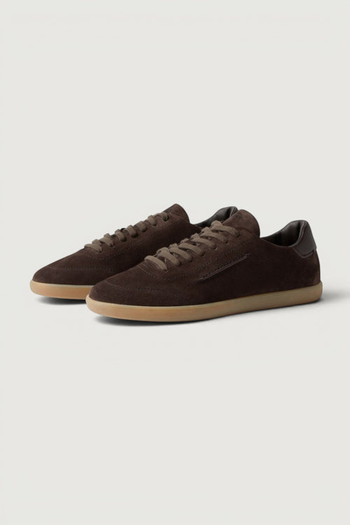 Quattro Stagioni men's brown suede lace-up sneakers with leather heel detail and rubber sole.
