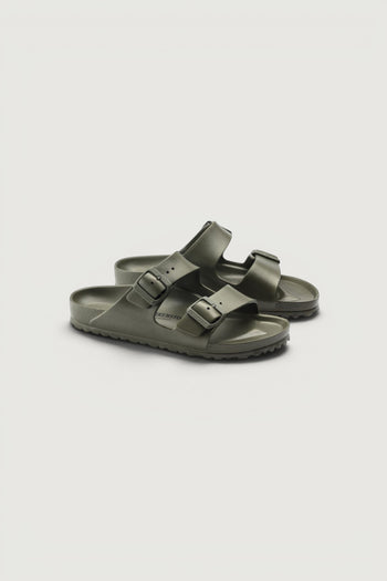 Quattro Stagioni khaki green EVA Birkenstock Arizona sandals with adjustable buckles and anatomically shaped footbed.
