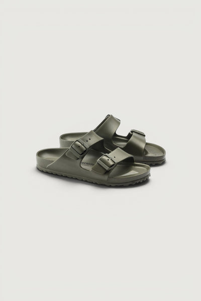 Quattro Stagioni khaki green EVA Birkenstock Arizona sandals with adjustable buckles and anatomically shaped footbed.