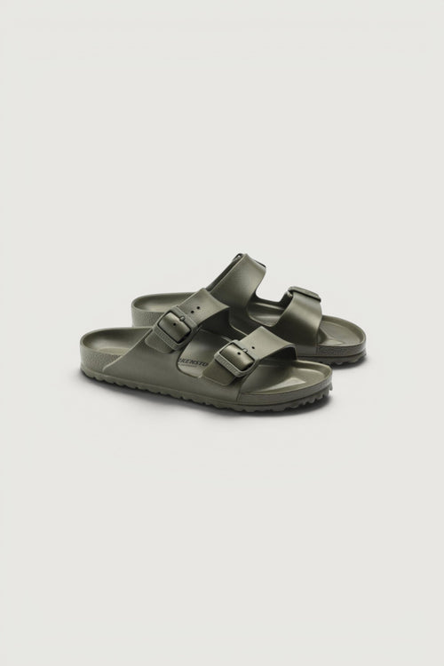 Quattro Stagioni khaki green EVA Birkenstock Arizona sandals with adjustable buckles and anatomically shaped footbed.