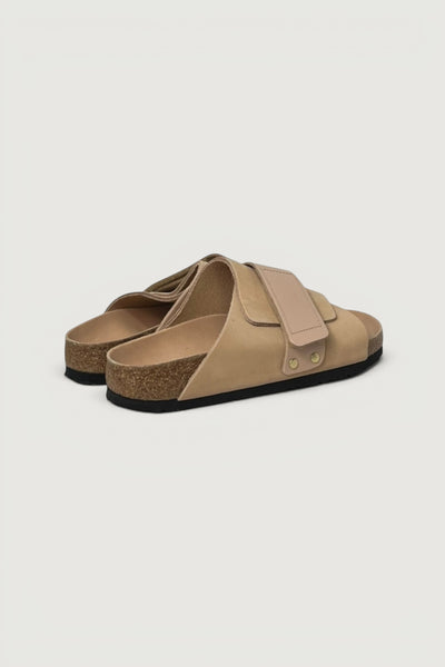 Quattro Stagioni Kyoto tan leather slip-on sandals with adjustable velcro straps and cork sole.