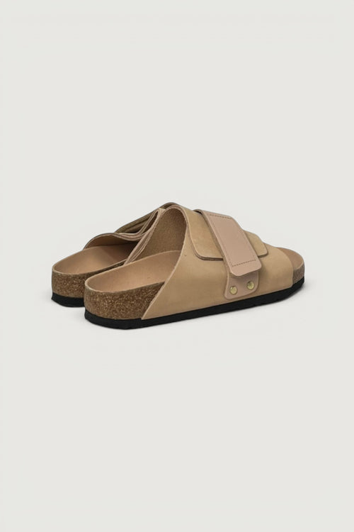 Quattro Stagioni Kyoto tan leather slip-on sandals with adjustable velcro straps and cork sole.