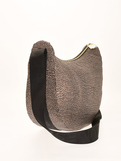 Quattro Stagioni Luna Bag Middle crossbody bag in beige and black speckled print with adjustable black strap and zip closure.