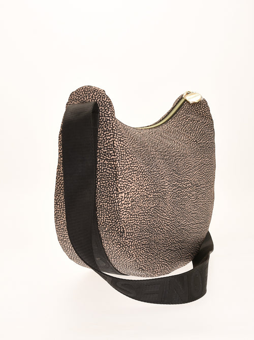 Quattro Stagioni Luna Bag Middle crossbody bag in beige and black speckled print with adjustable black strap and zip closure.