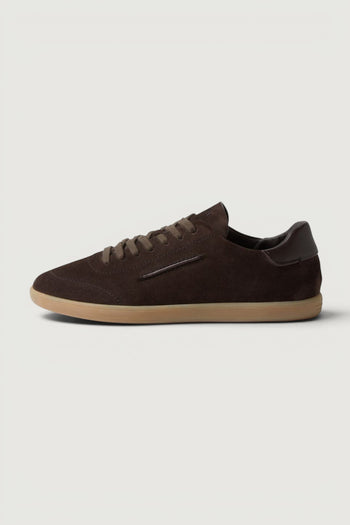 Quattro Stagioni men's dark brown suede lace-up sneakers with a contrasting tan sole and leather heel detail.