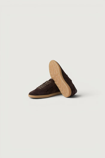 Quattro Stagioni men's brown suede lace-up sneakers with gum sole and leather heel detail.