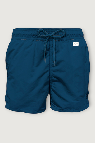 Quattro Stagioni navy blue swim shorts with drawstring waist and a small white label indicating "PANTONE 19-4024 Dress Blue".