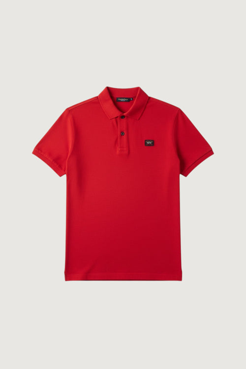 Quattro Stagioni red organic cotton polo shirt with chest logo detail and side slits.